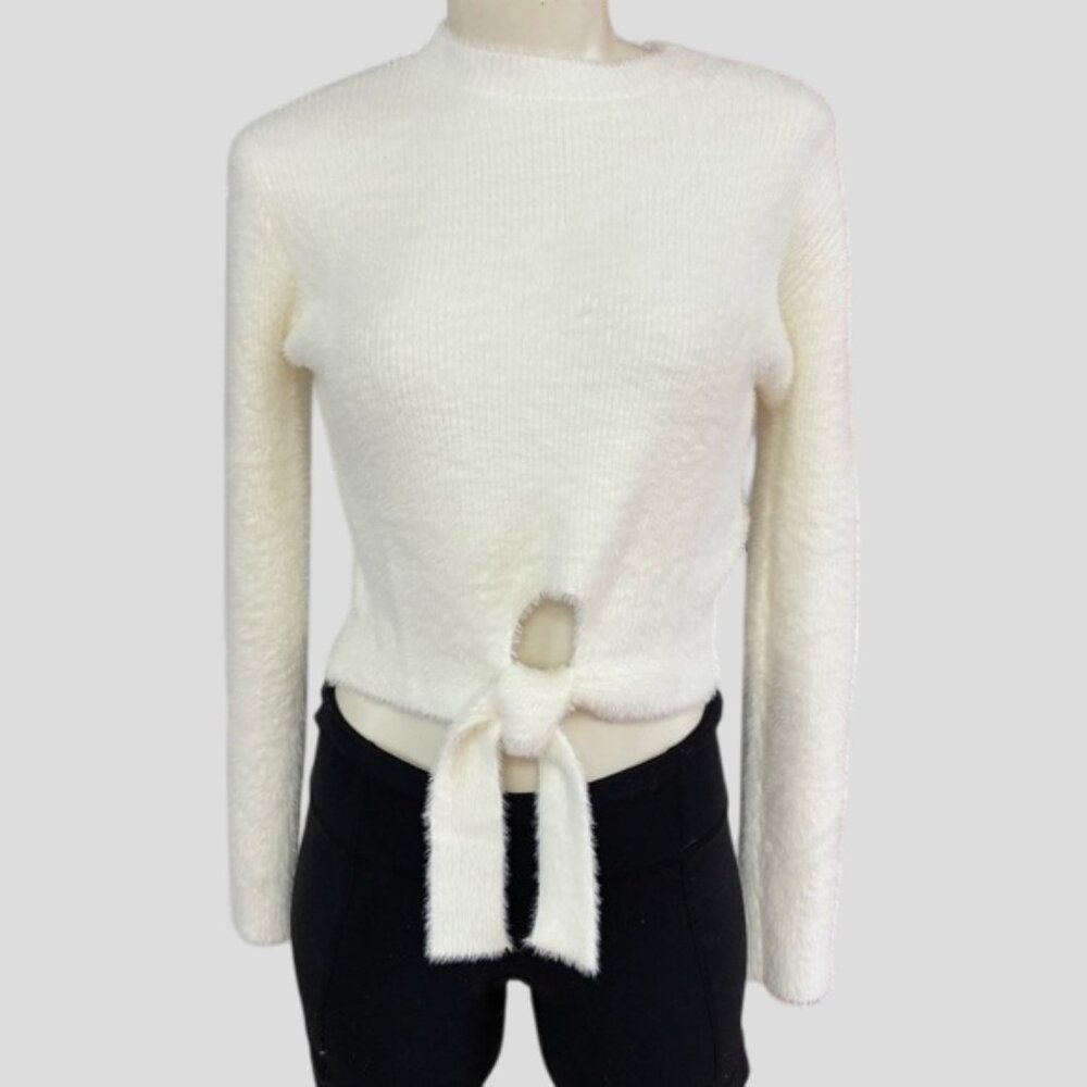 NWOT Elegant White Fuzzy Sweater With Tie Detail